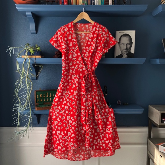 Red Floral V-Neck Wrap Midi Summer Dress - Picture 9 of 14